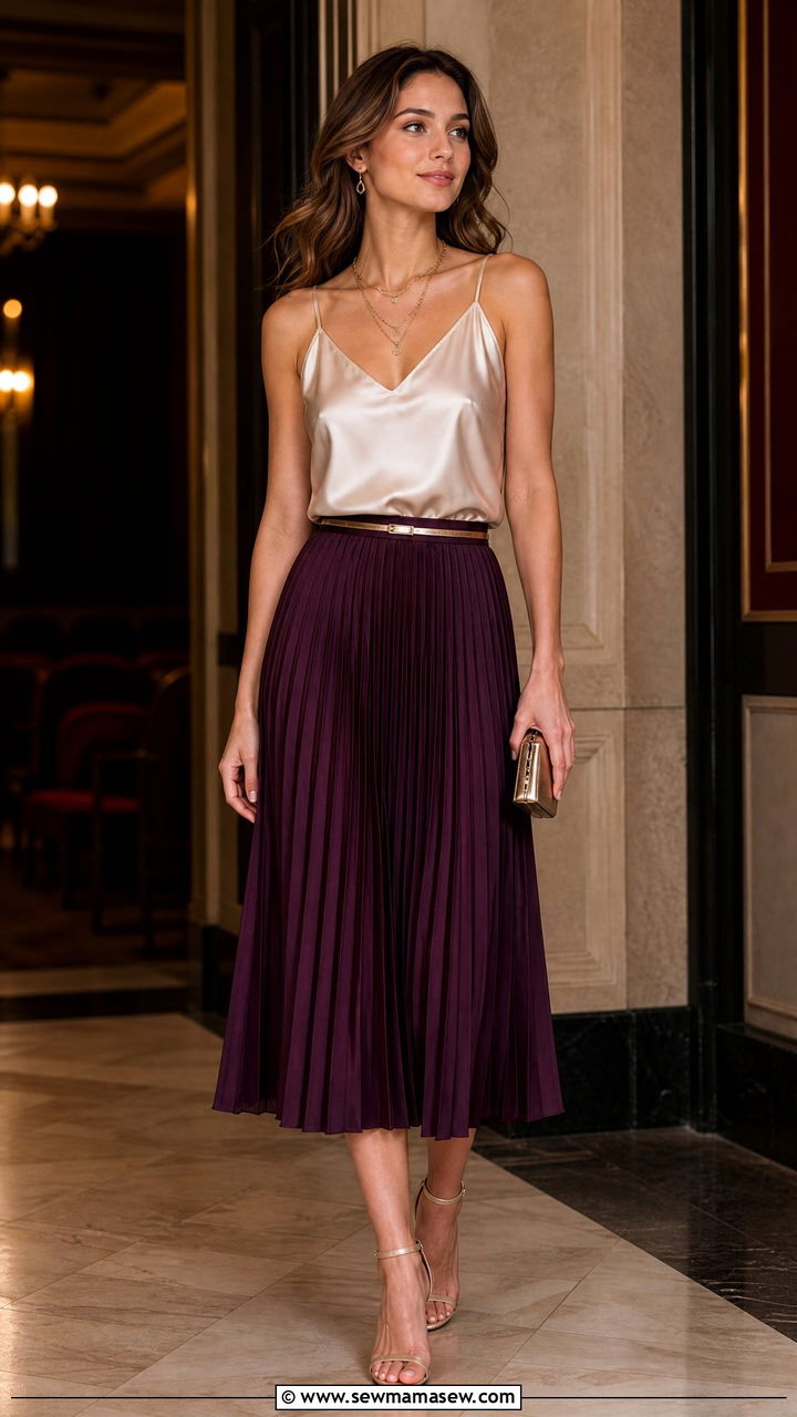 Silk Camisole and Pleated Midi Skirt Outfit - 30 Summer outfits with pleated skirts