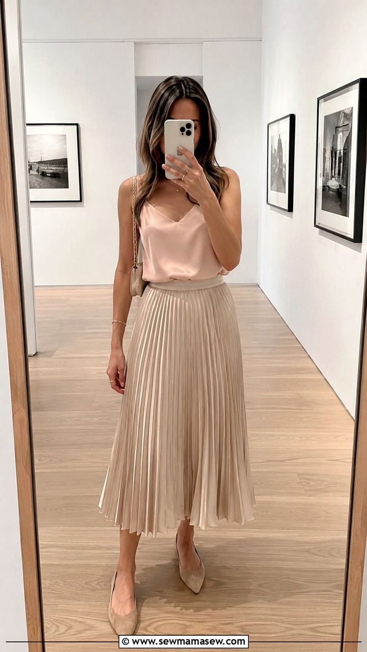 Silk Camisole and Pleated Midi Skirt With Pointed Toe Flats - 20 Photography exhibit outfit ideas
