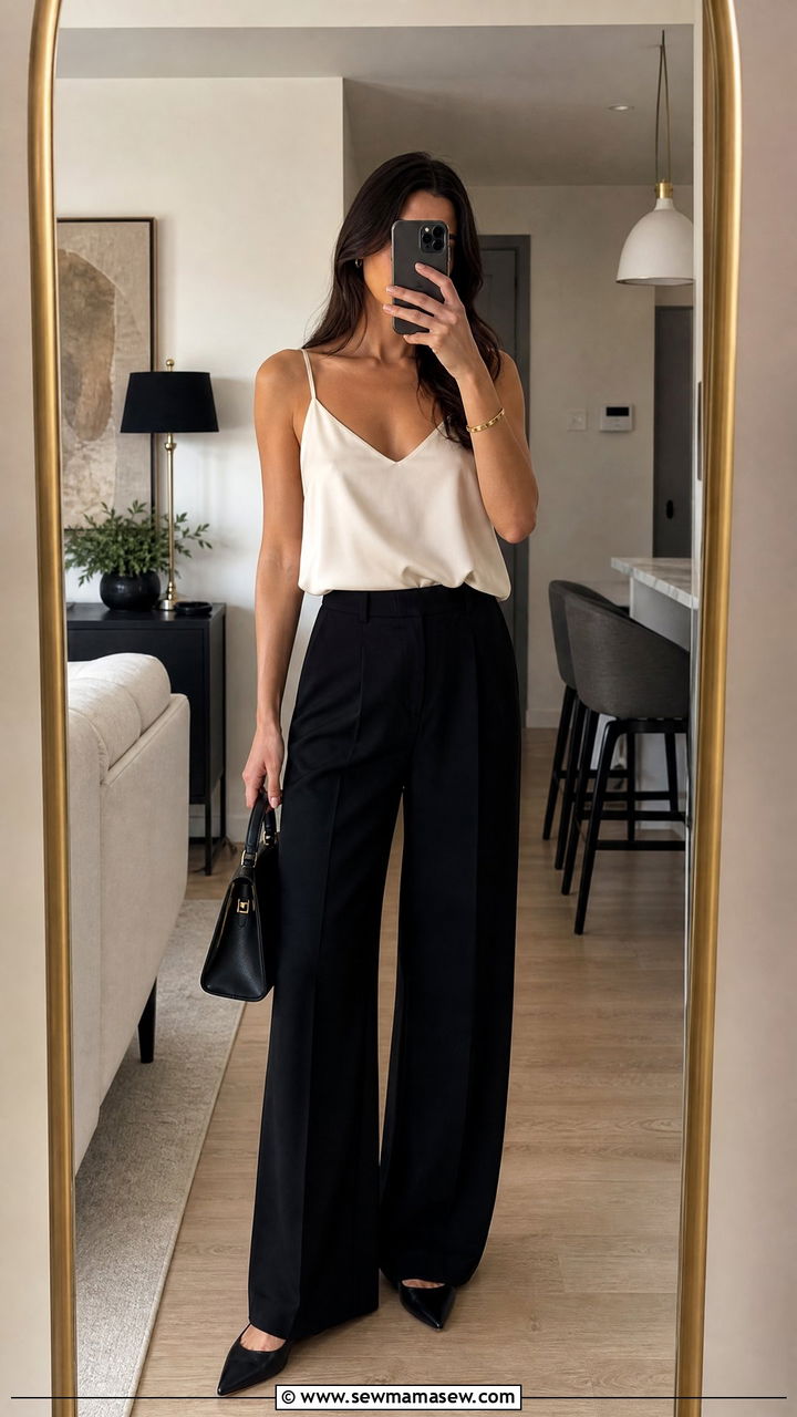Silk Camisole and Wide Leg Trousers Outfit - 30 clean girl outfits to copy
