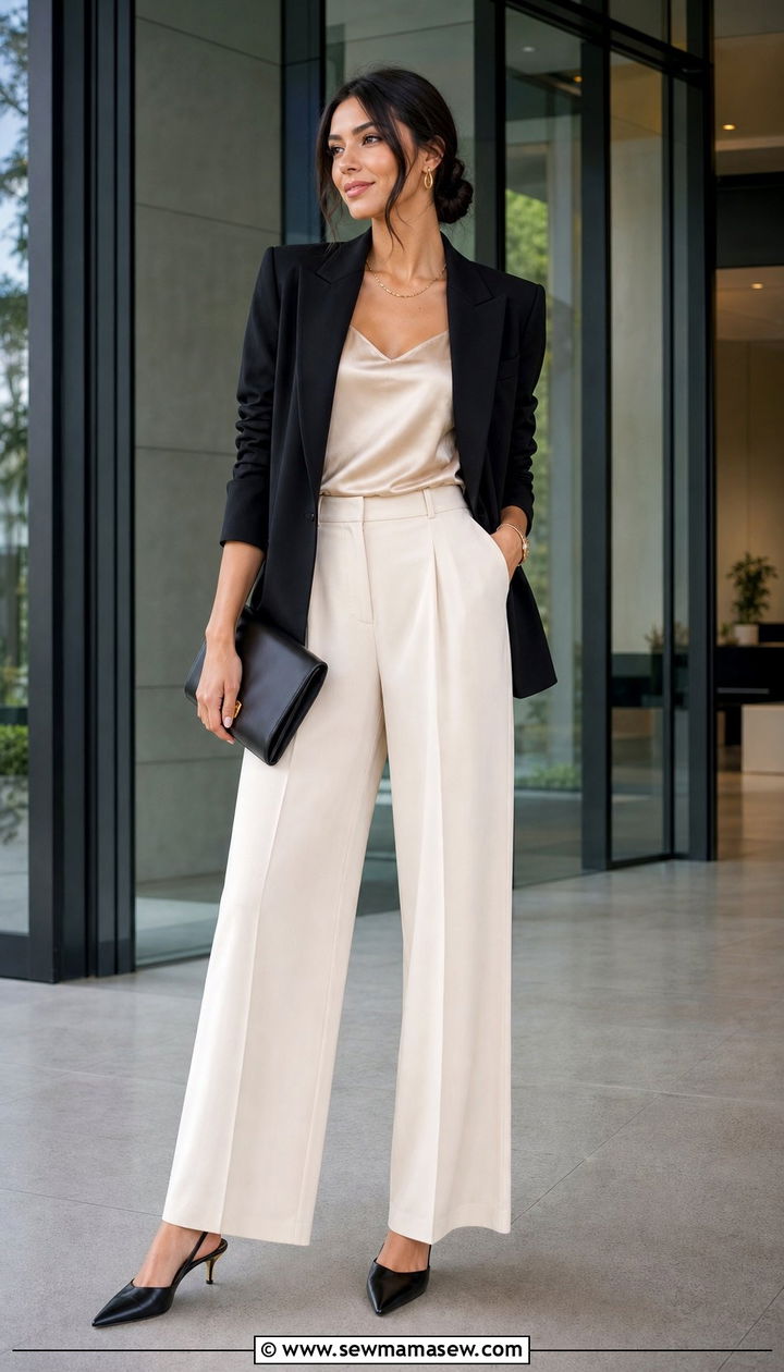 Silk Camisole with Wide Leg Trousers and Blazer Outfit - 25 Cross season outfit ideas