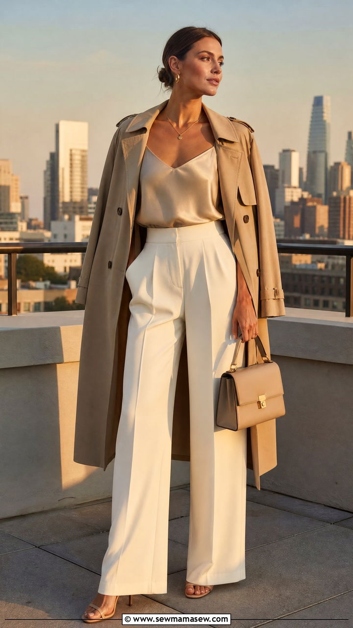 Silk Camisole with Wide Leg Trousers and Trench Coat - 25 Late summer early fall outfits