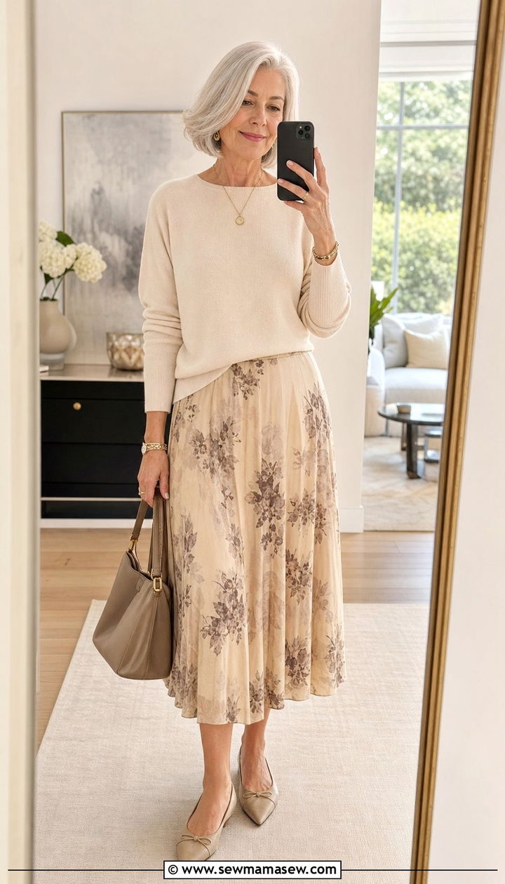Silk Cotton Sweater With Midi Skirt And Pointed Flats - 35 Brunch outfits for women over 60