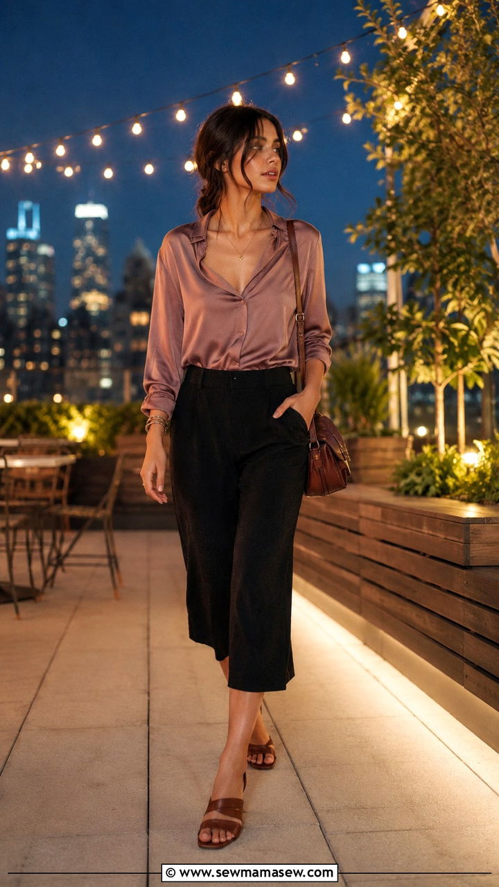 Silk Crepe Blouse With Culottes and Block Heel Sandals - 30 casual poetcore outfits