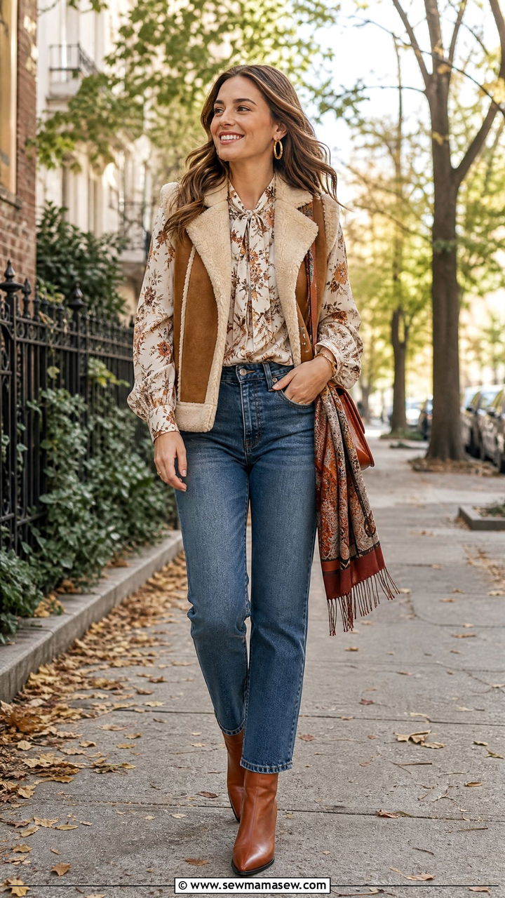 Silk Floral Blouse Under Shearling Vest - 35 Modern boho outfit ideas