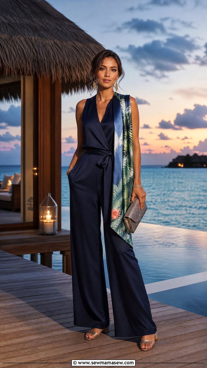 Silk Jumpsuit With Tropical Scarf - 35 Maldives vacation outfit ideas