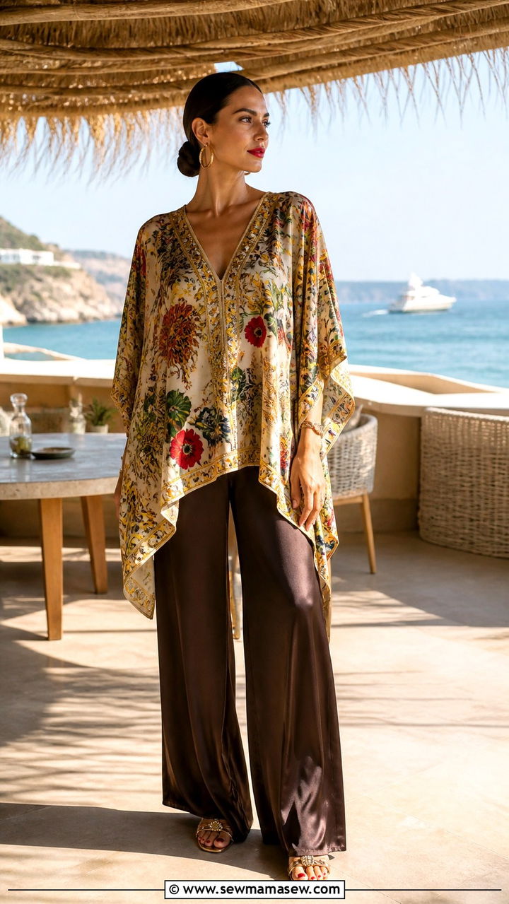 Silk Kaftan Top with Satin Palazzo Pants - 40 palazzo pants outfit ideas