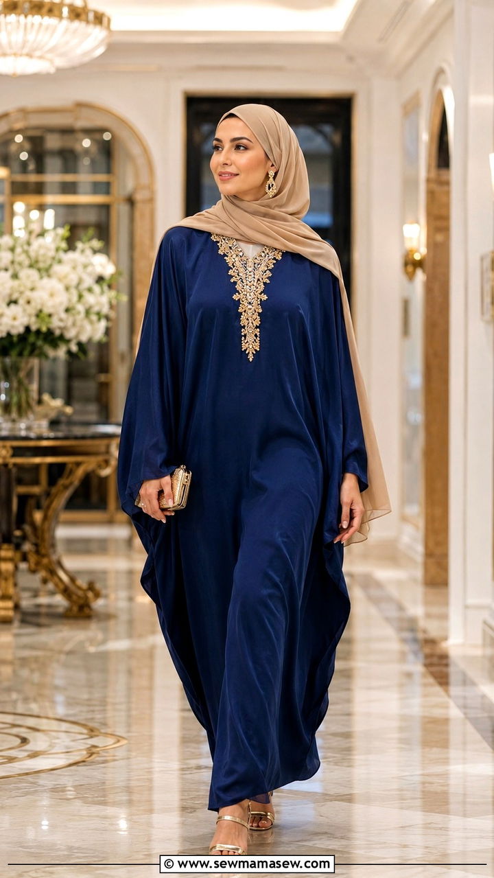 Silk Kaftan With Gold Embroidery - 30 Modest wedding guest outfit ideas for Muslim women