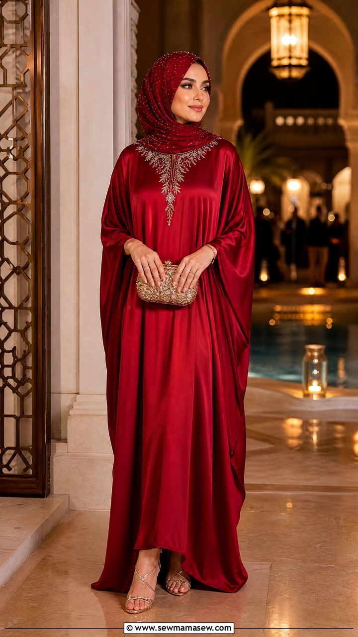 Silk Kaftan with Crystal Embellished Hijab - 30 Eid outfit ideas with hijab