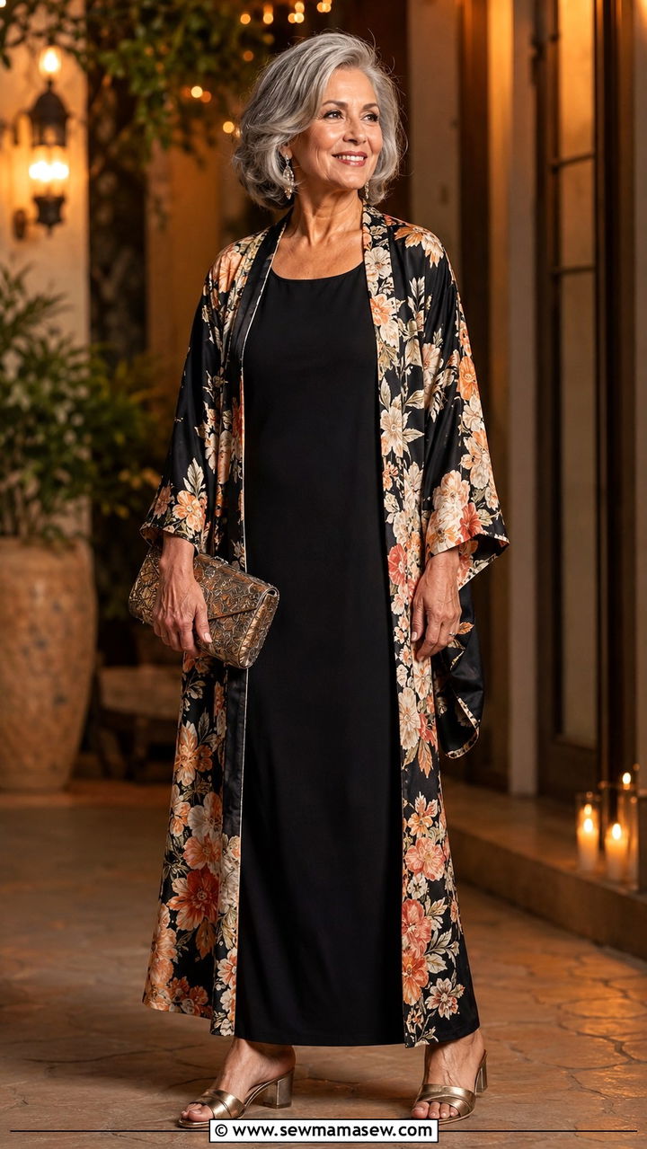 Silk Kimono Over a Column Dress Outfit - 30 Chic outfit ideas for women over 60