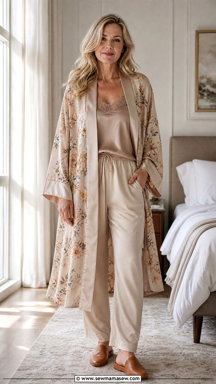 Silk Kimono Robe with Camisole Outfit - 35 Loungewear outfit ideas for women over 40