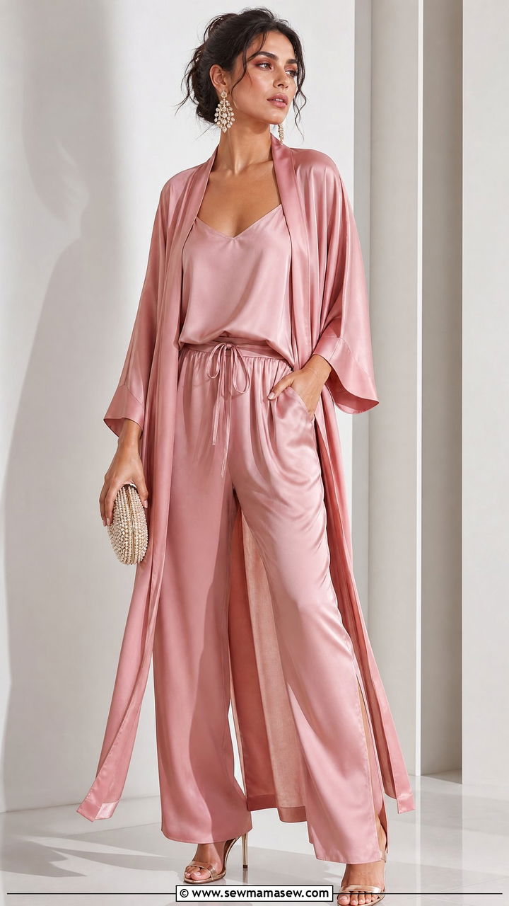 Silk Kimono and Drawstring Pants Set - 25 Kimono matching set outfit ideas