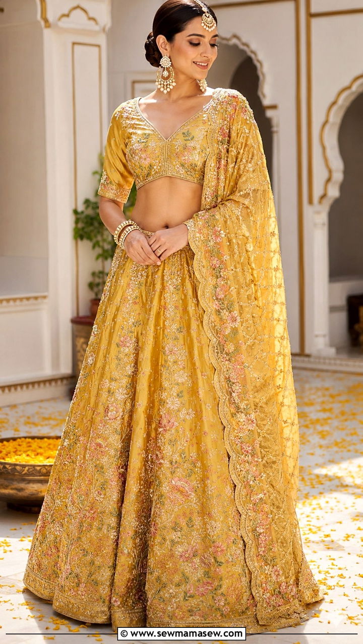 Silk Lehenga With Floral Embroidery And Statement Maang Tikka - 20 Wedding guest outfit ideas Haldi ceremony