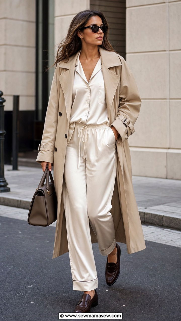 Silk Loungewear With Trench Coat - 25 Silk loungewear outfit ideas