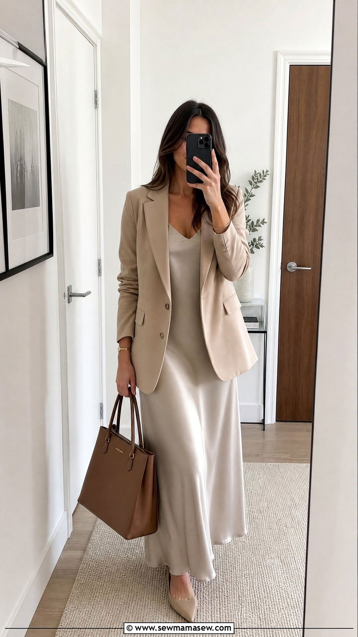 Silk Maxi Dress With Blazer And Pointed Toe Flats - 35 maxi dress outfit ideas for women