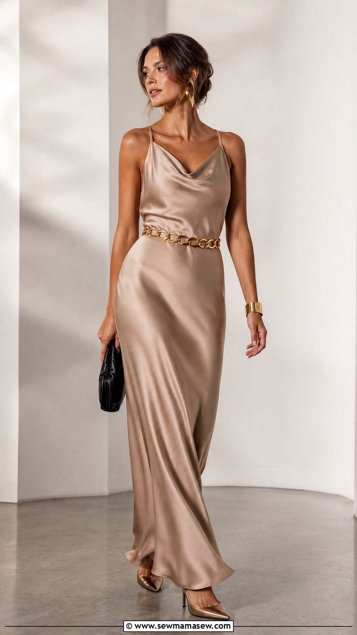 Silk Maxi Dress with Chain Link Belt and Stilettos - 30 Maxi dress outfit ideas with a belt