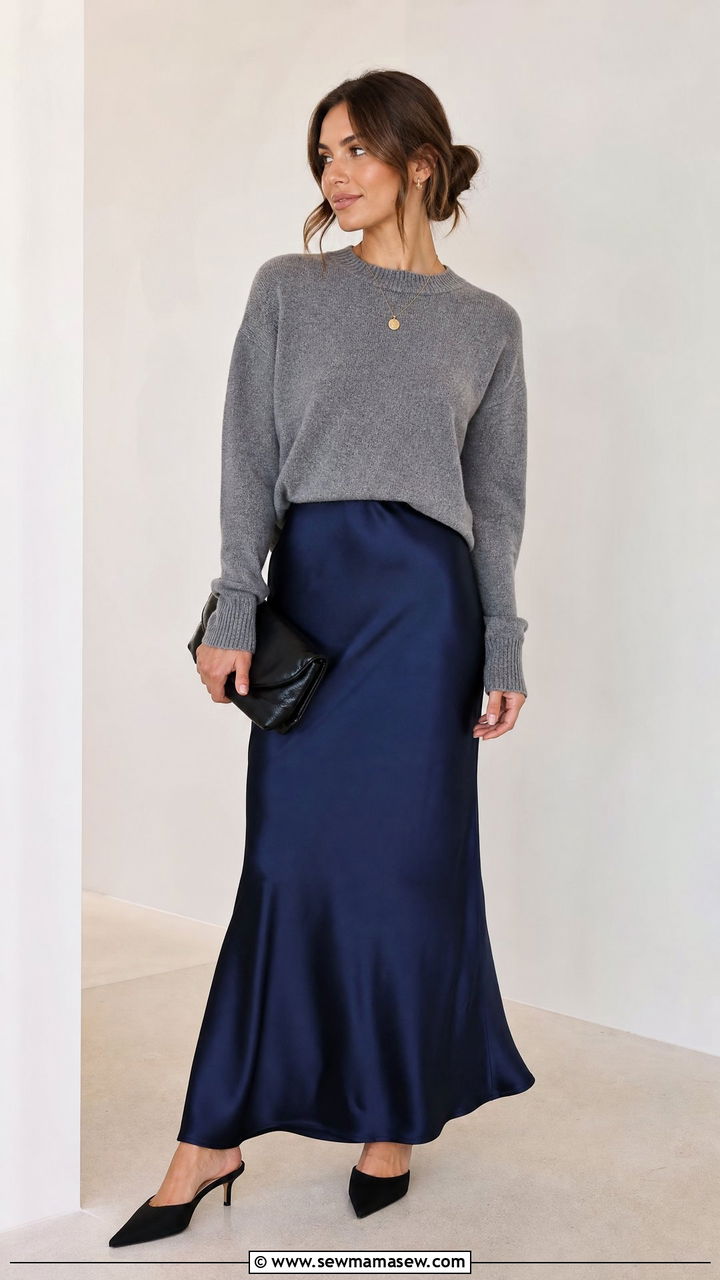 Silk Maxi Skirt With Crewneck Sweater And Pointed Toe Mules - 35 maxi skirt outfits aesthetic