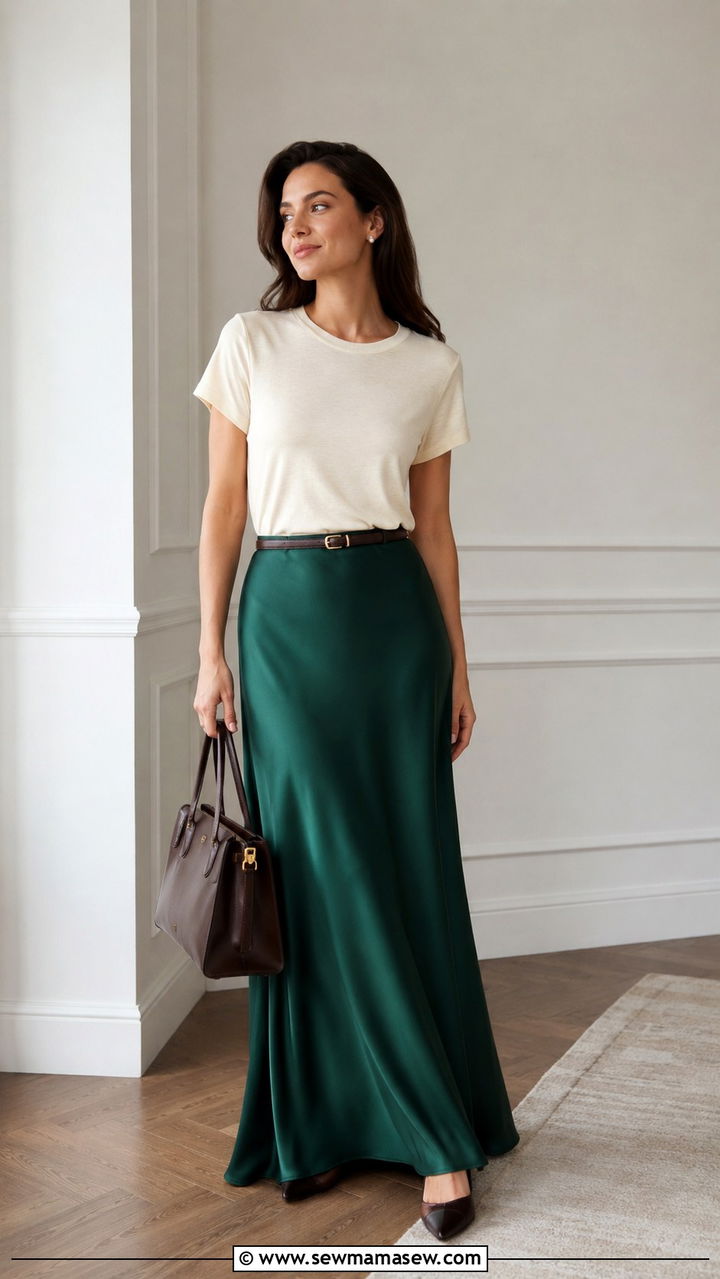 Silk Maxi Skirt with Simple Tee - 30 Maxi skirt outfit ideas with a tee