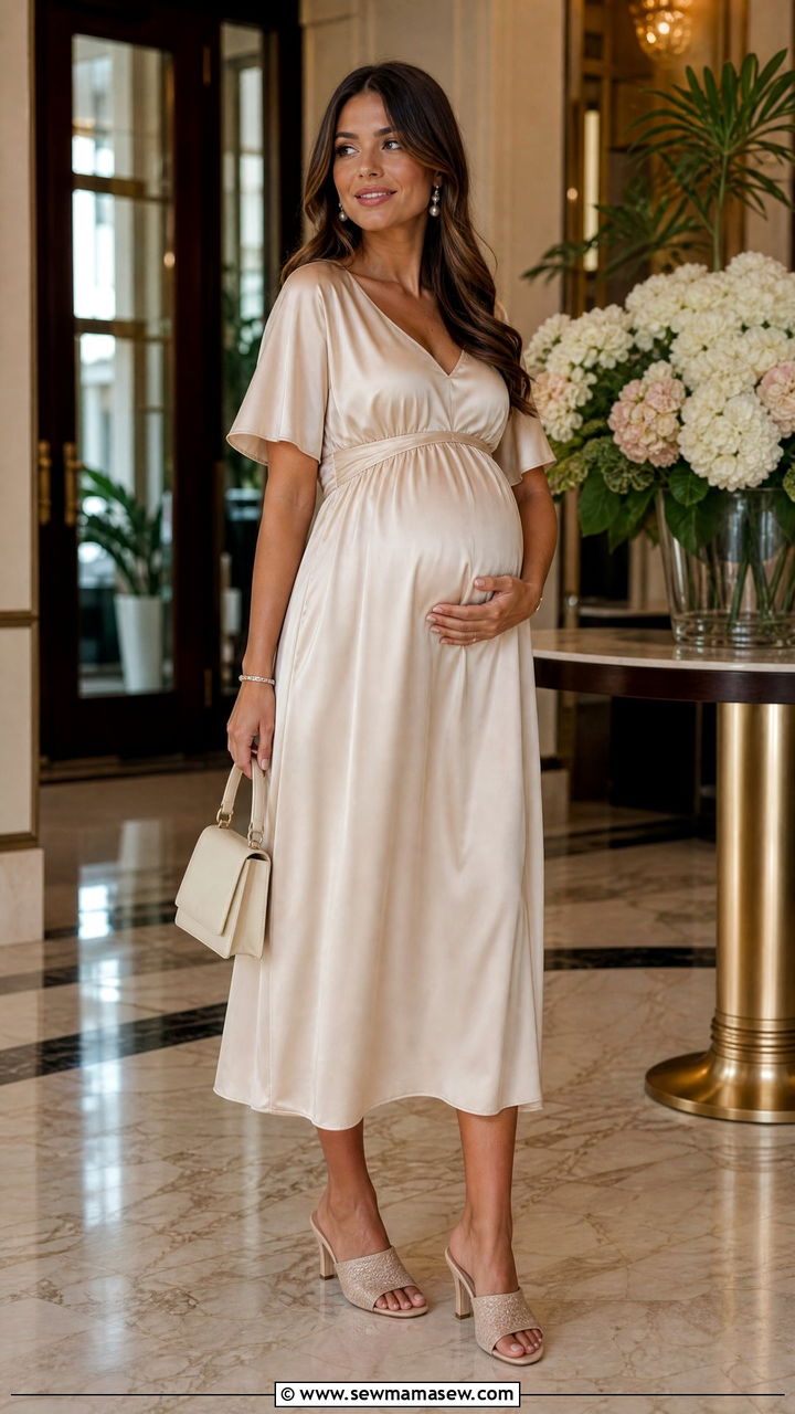 Silk Midi Dress With Heeled Mules - 25 Brunch outfit ideas pregnant