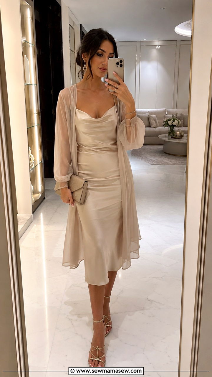 Silk Midi Dress with Sheer Cardigan - 30 Midi dress with cardigan outfit ideas