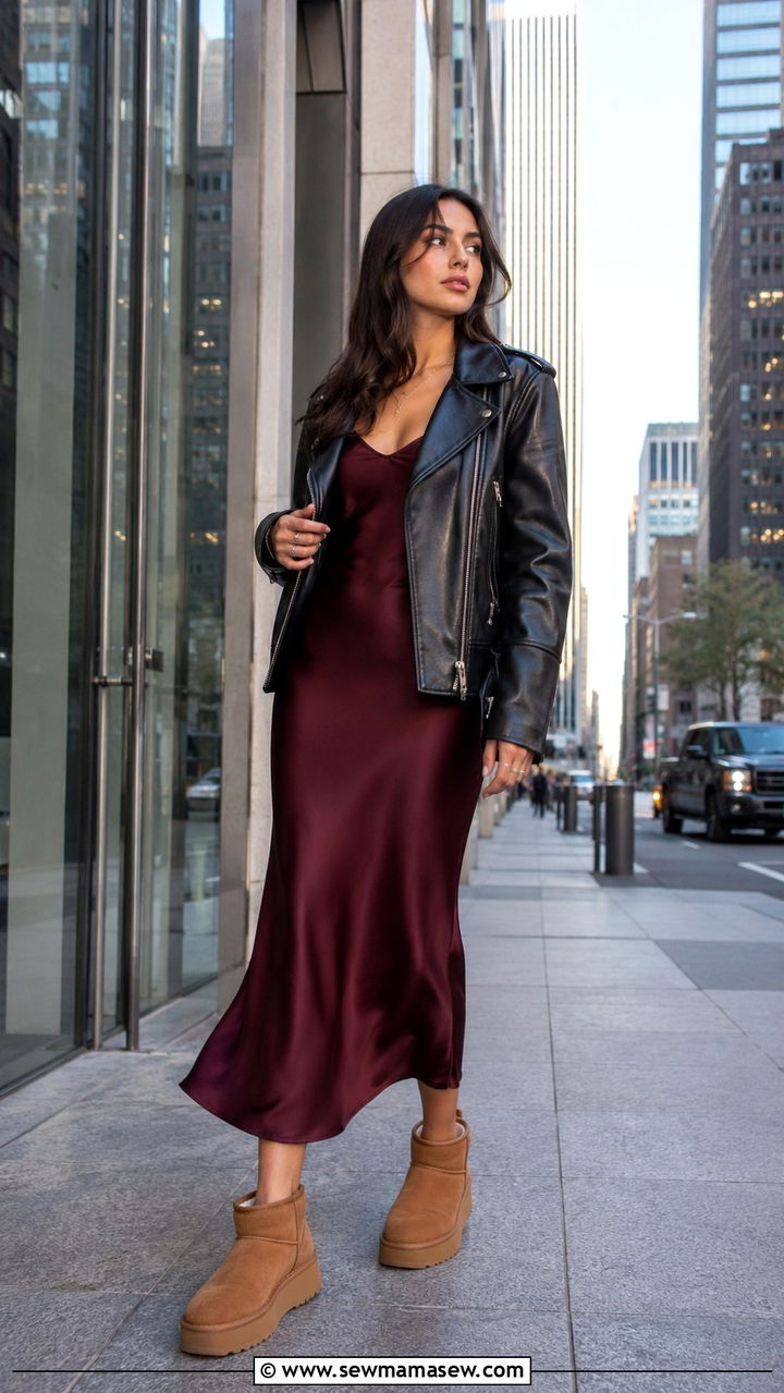 Silk Midi Dress with Ugg Boots and Leather Jacket Outfit - 25 Uggs with dress outfit ideas