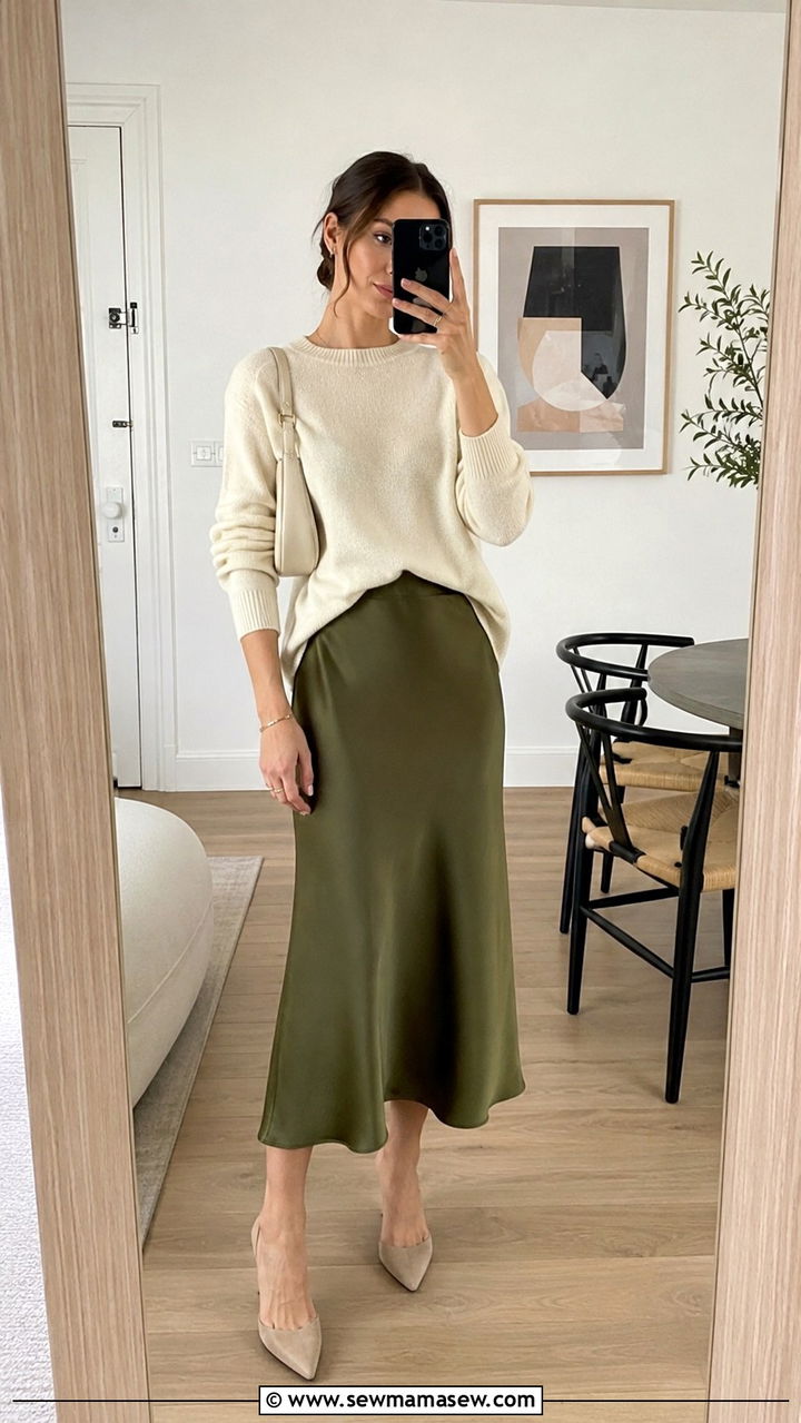 Silk Midi Skirt With Cashmere Knit - 30 chic dinner outfits for women
