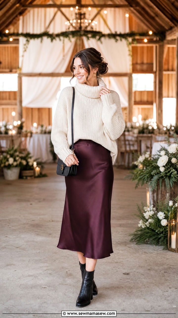 Silk Midi Skirt With Chunky Turtleneck for Winter Wedding - 25 How to style a midi skirt for a wedding