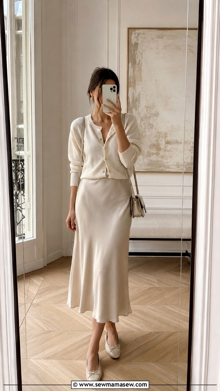 Silk Midi Skirt With Fine Knit Cardigan - 30 Parisian spring outfits
