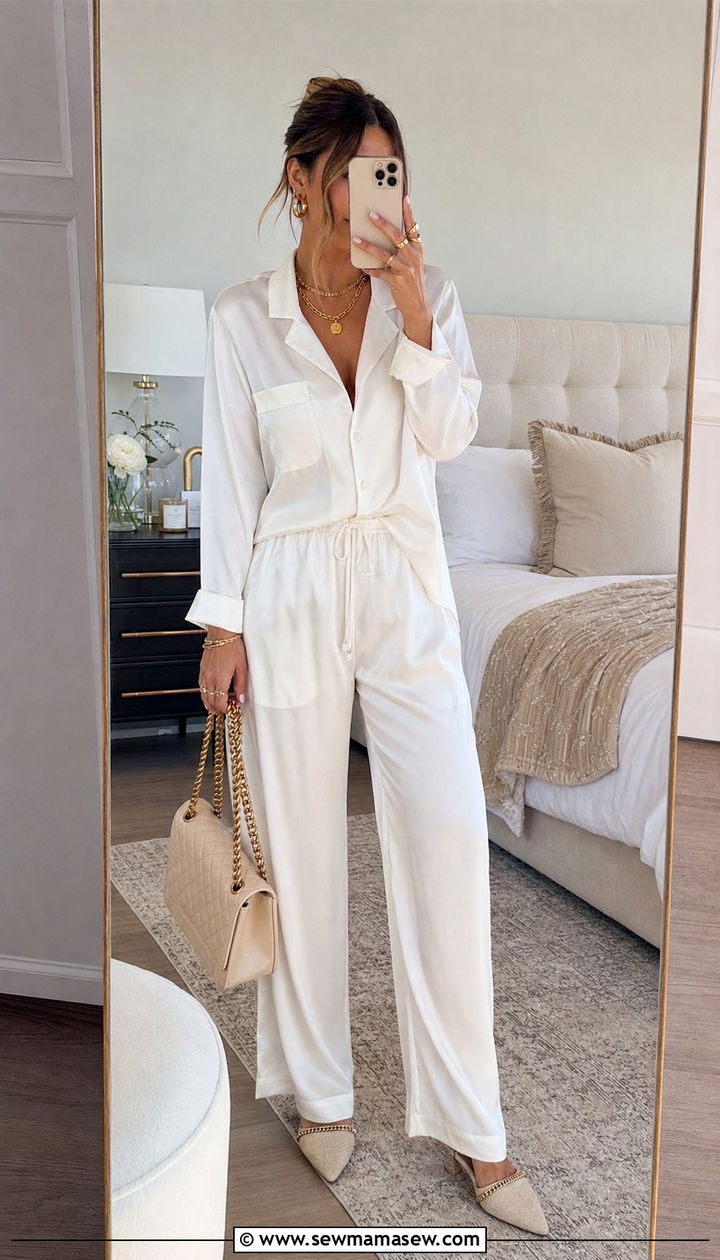 Silk Pajama Set With Jewelry Accessories - 25 Silk pajama set outfit ideas