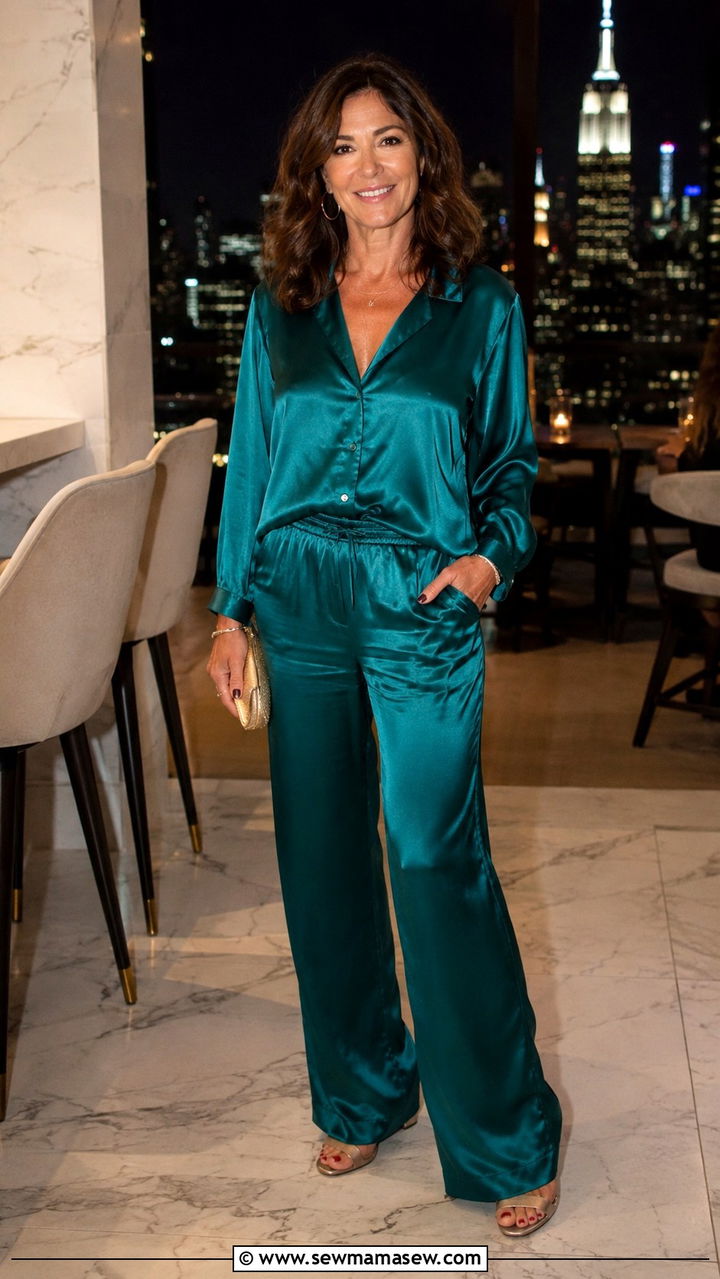 Silk Pajama Set With Strappy Heels - 25 Pajama outfit ideas for women over 40