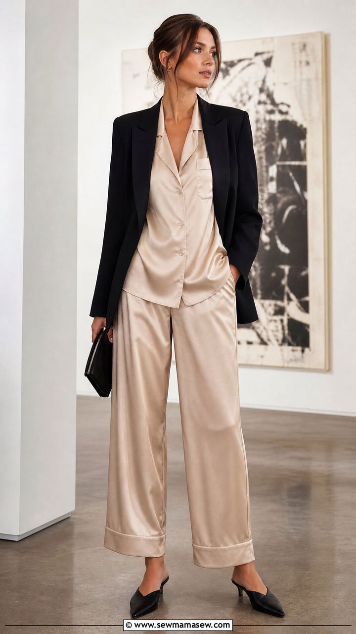 Silk Pajama Set With Structured Blazer - 20 Pajama set outfit ideas 2026
