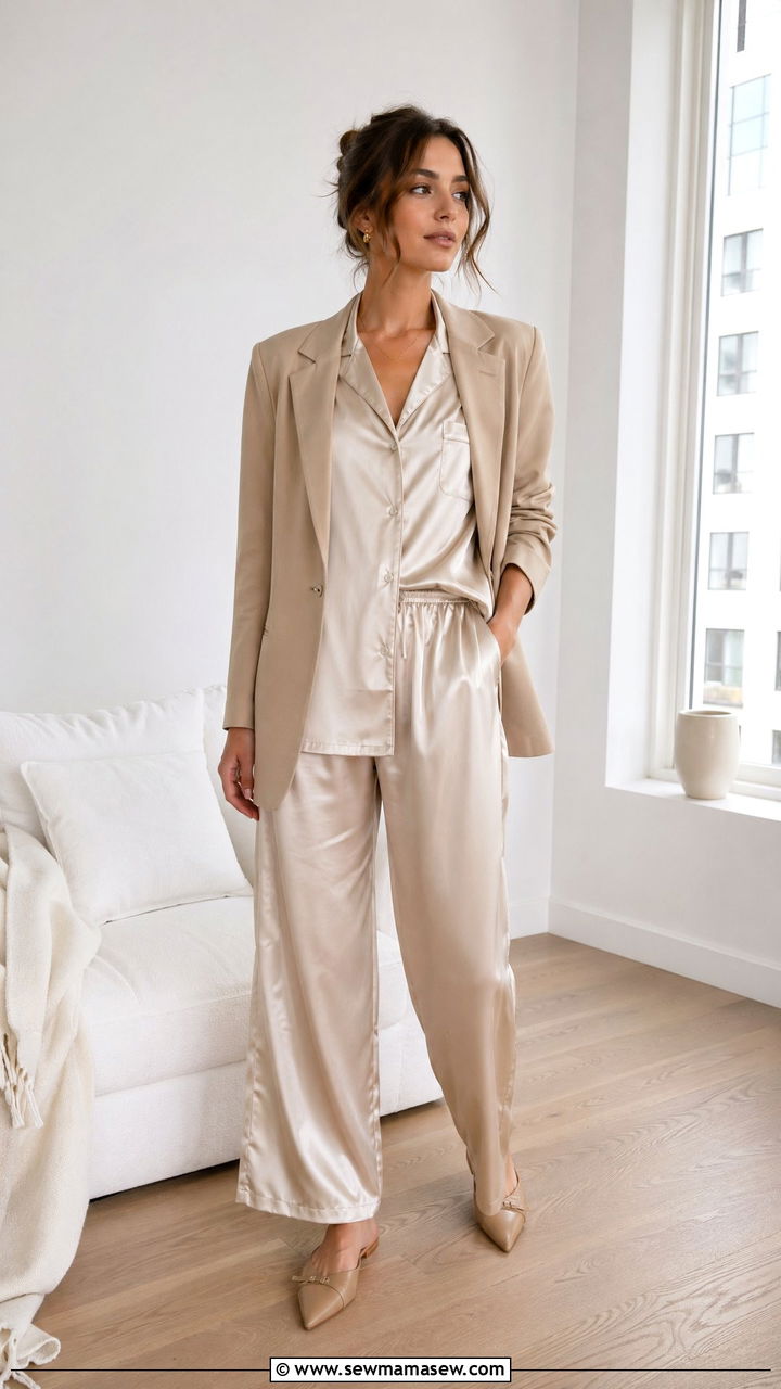 Silk Pajama Set and Structured Blazer Loungewear - 35 Elegant loungewear outfit ideas