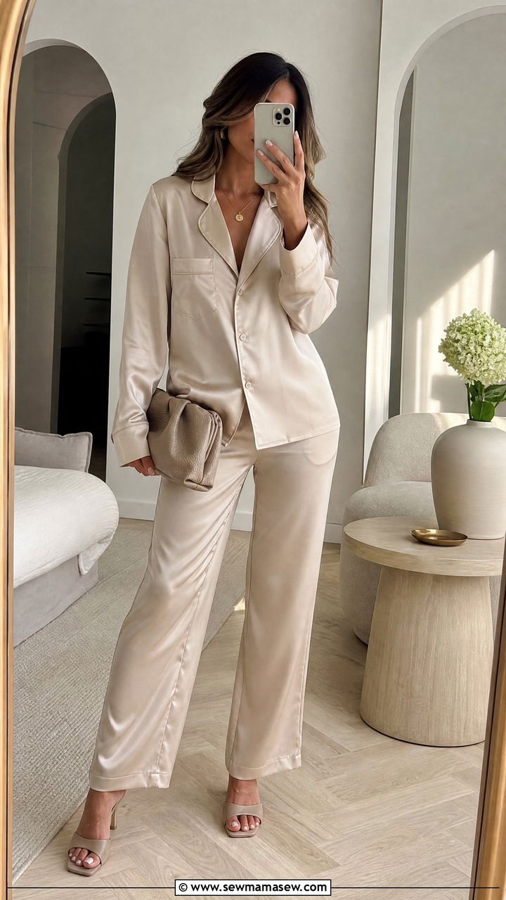 Silk Pajama Set with Heeled Mules - 30 Luxury loungewear outfit ideas