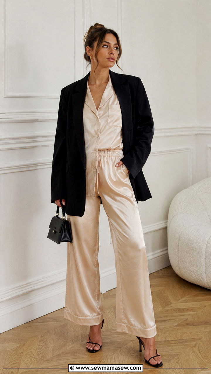 Silk Pajama Set with Oversized Blazer and Heels - 20 Model off duty loungewear outfit ideas