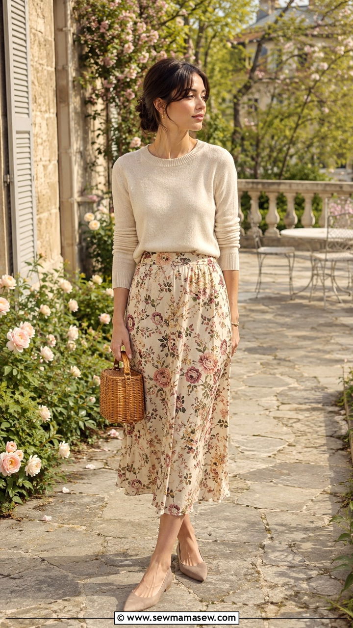 Silk Printed Midi Skirt With Cashmere Crewneck And Pointed Flats - 30 Parisian capsule wardrobe 2026