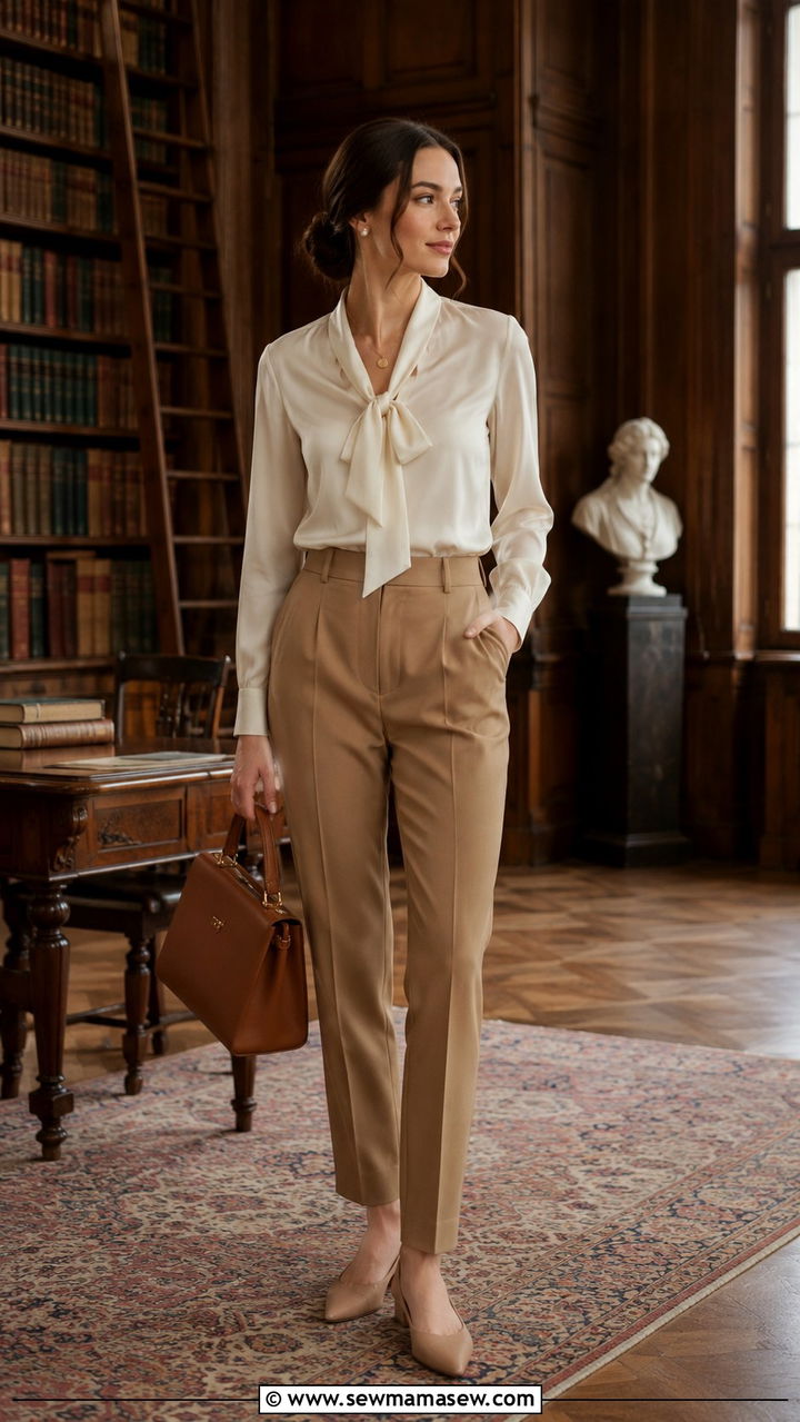 Silk Pussy Bow Blouse with High Waisted Trousers - 30 light academia outfits to copy