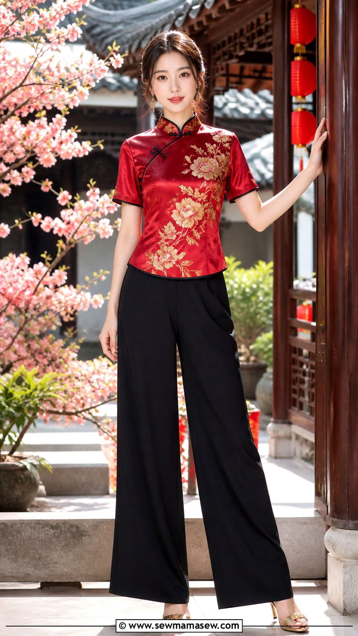 Silk Qipao Inspired Top And Wide Leg Pants Spring Festival Outfit - 40 Spring festival outfits