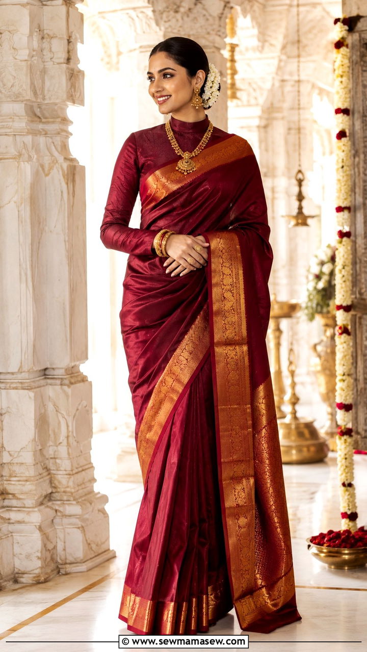 Silk Saree With High Neck Blouse for Sister of the Bride - 20 Modest outfit ideas for sister of the bride