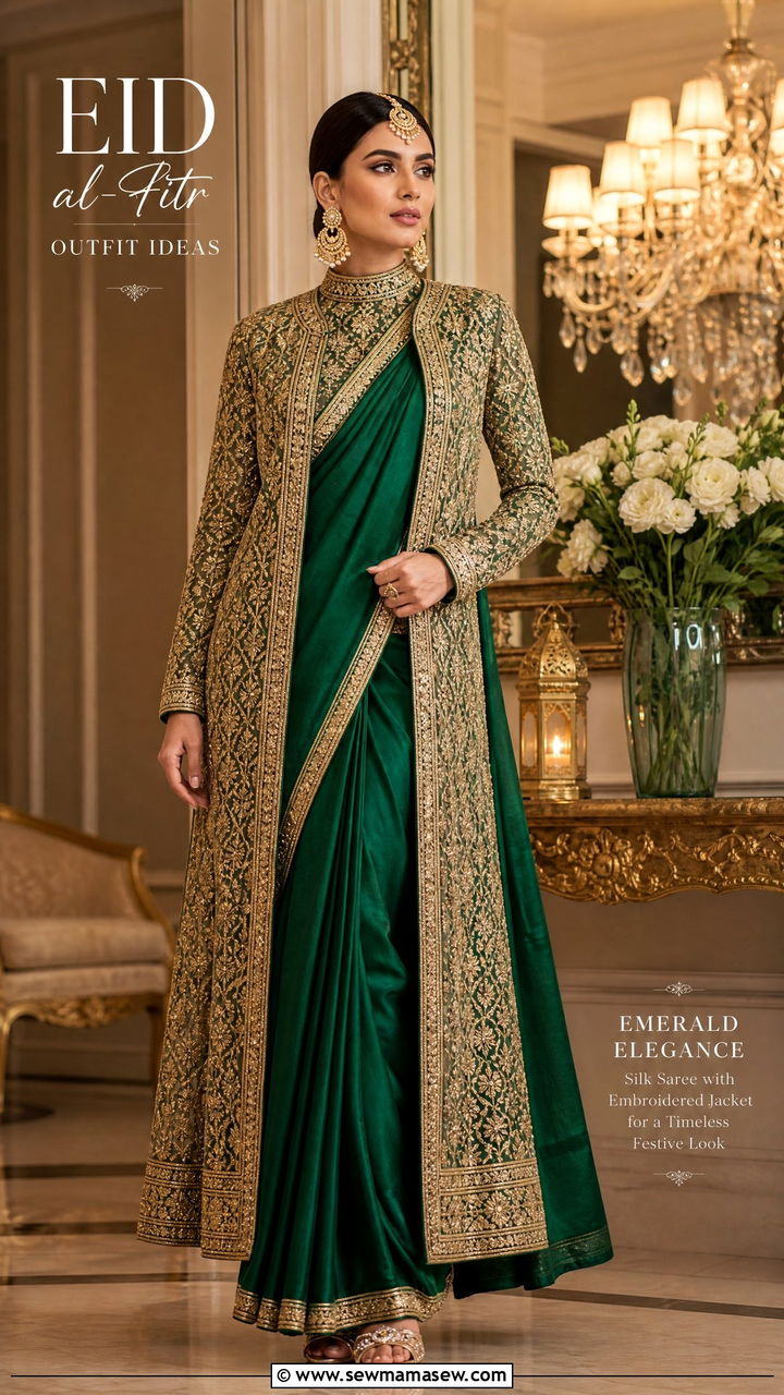 Silk Saree with Long Embroidered Jacket - 30 Eid al Fitr outfit ideas