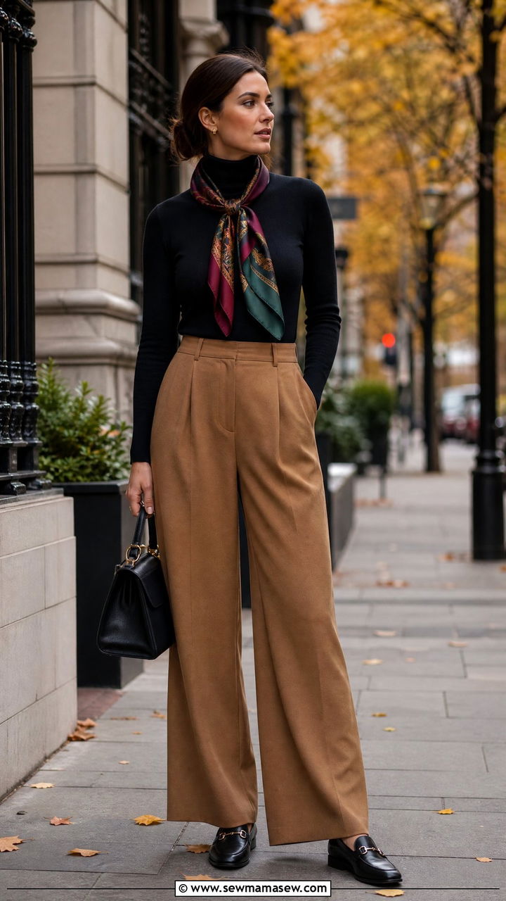 Silk Scarf Around Neck with Black Turtleneck and Wide Leg Wool Trousers - 25 French girl outfit ideas with a silk scarf