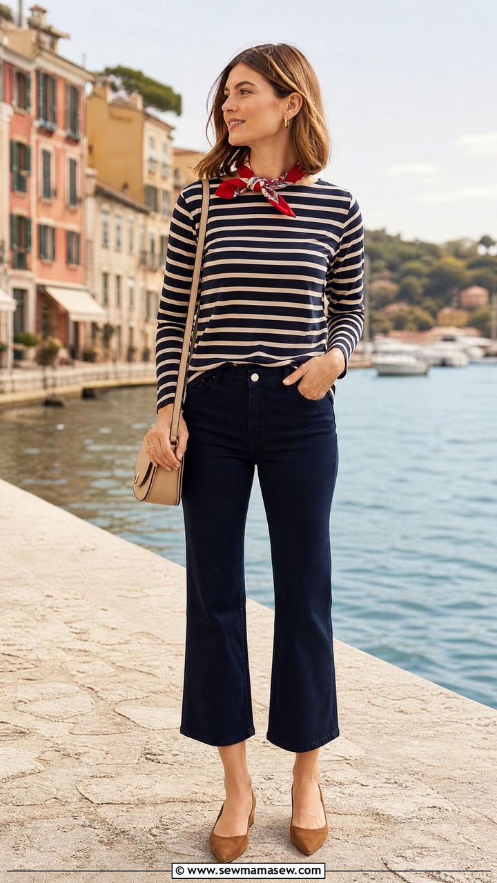 Silk Scarf Around Neck with Breton Top and Navy Cropped Flares - 25 French girl outfit ideas with a silk scarf