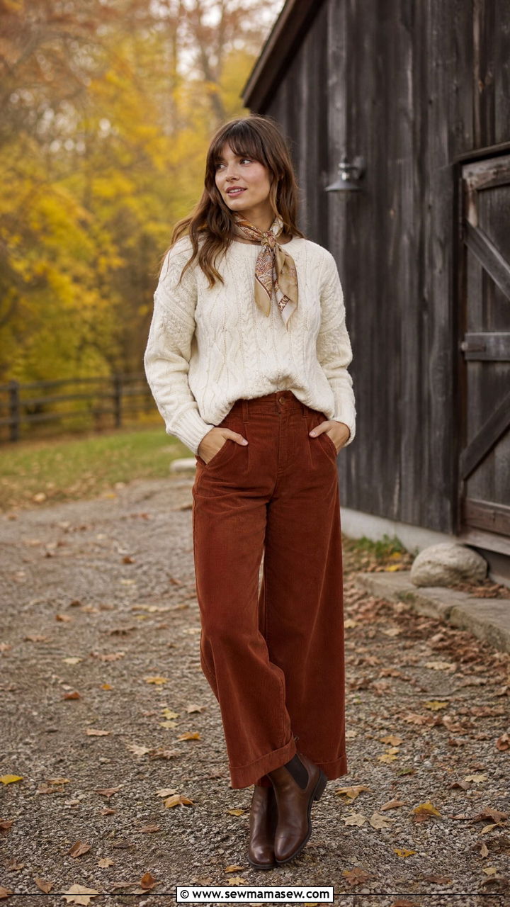 Silk Scarf Around Neck with Cable Knit Sweater and Corduroy Pants - 25 French girl outfit ideas with a silk scarf