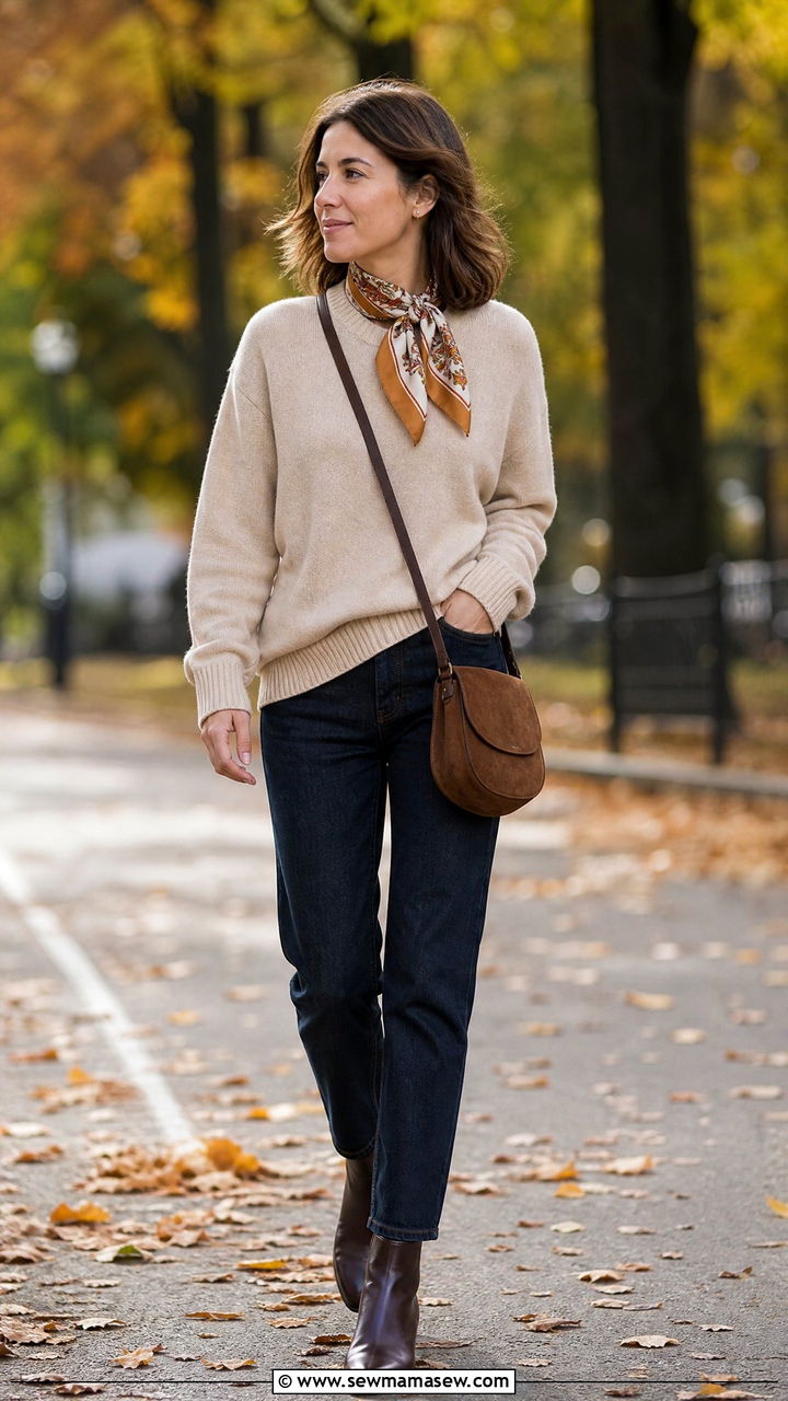 Silk Scarf Around Neck with Cashmere Crewneck and Straight Leg Jeans - 25 French girl outfit ideas with a silk scarf