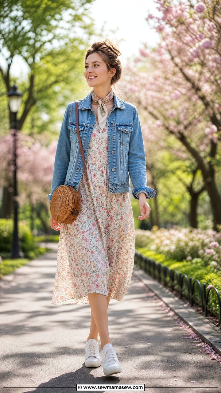 Silk Scarf Around Neck with Denim Jacket and Floral Midi Dress - 25 French girl outfit ideas with a silk scarf