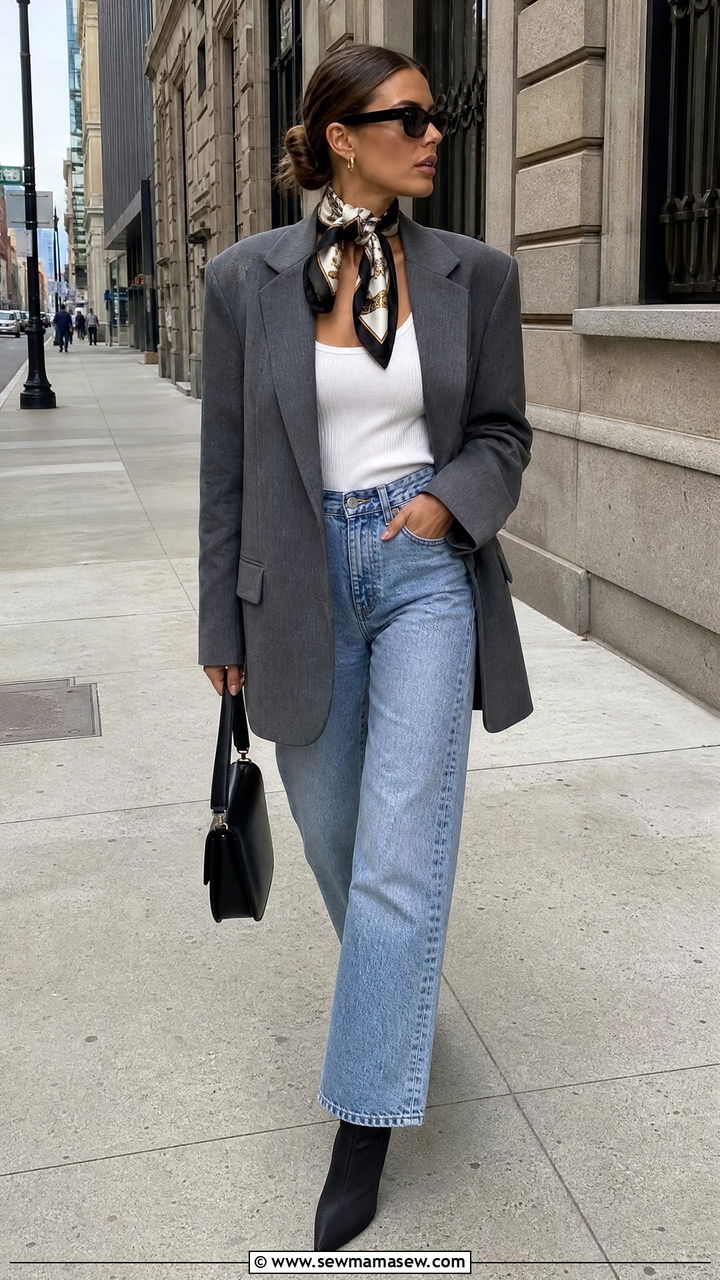 Silk Scarf Around Neck with Oversized Blazer and Relaxed Straight Leg Jeans - 25 French girl outfit ideas with a silk scarf