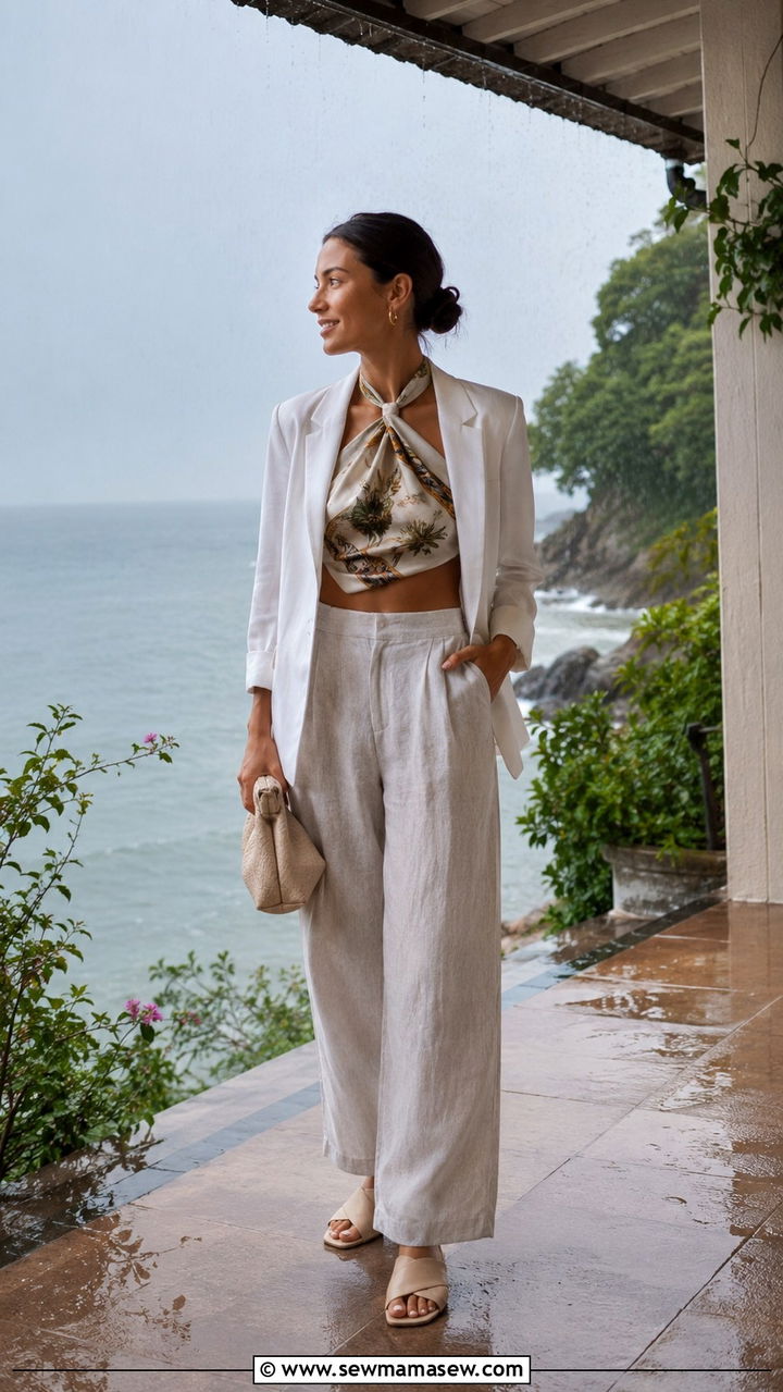 Silk Scarf As Top With High Waist Trousers And Pointed Mules - 30 Rainy day travel outfit ideas