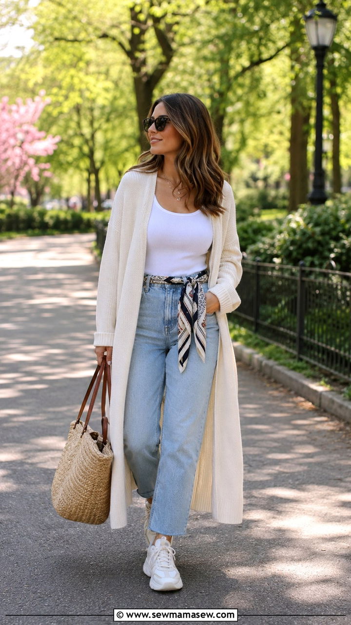 Silk Scarf Belted Over a Long Cardigan with a Tank and Jeans - 20 spring outfits with silk scarf