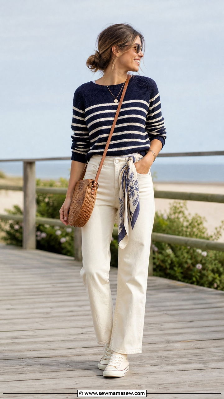Silk Scarf Belted Through Jeans with a Striped Knit - 20 spring outfits with silk scarf