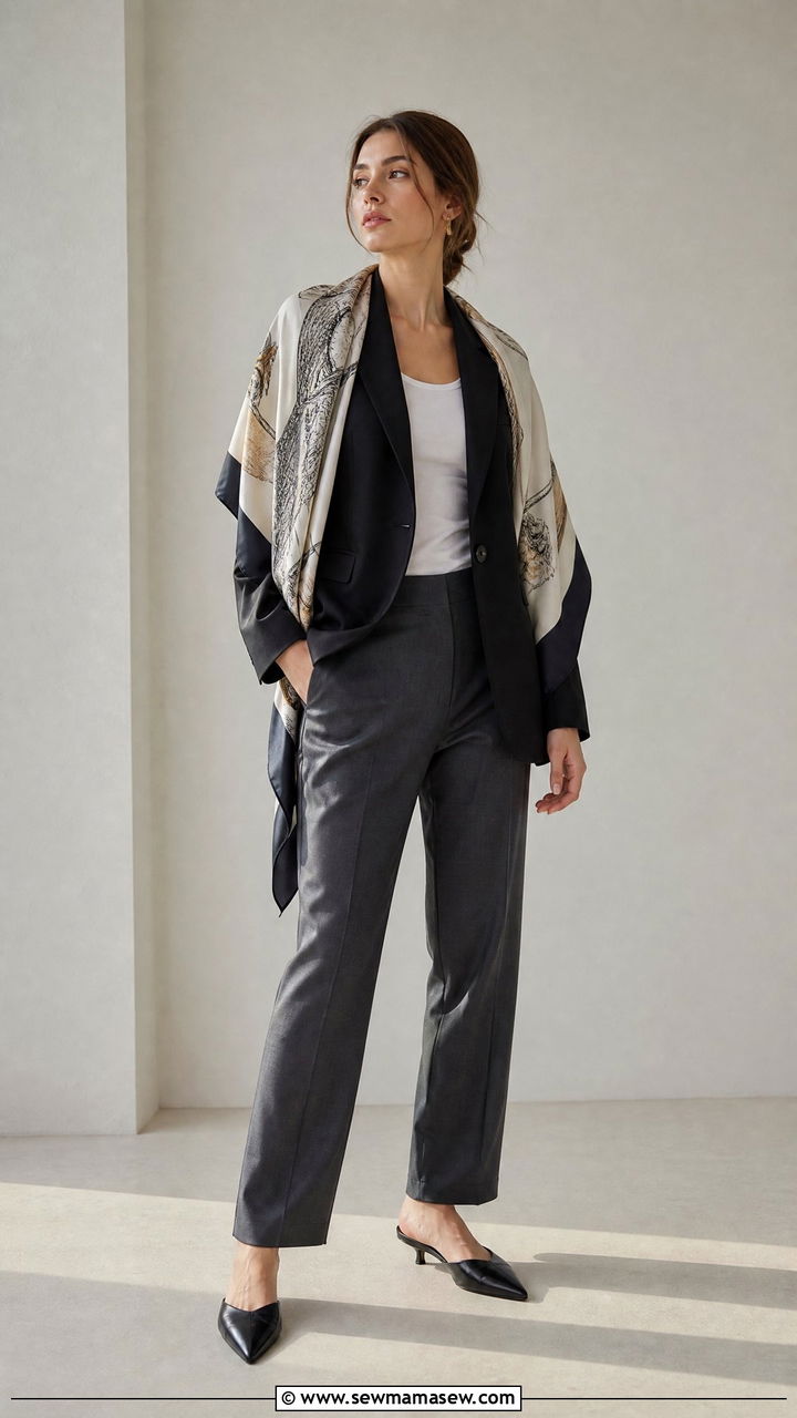 Silk Scarf Draped Over Shoulders with Blazer and Tailored Trousers - 25 French girl outfit ideas with a silk scarf