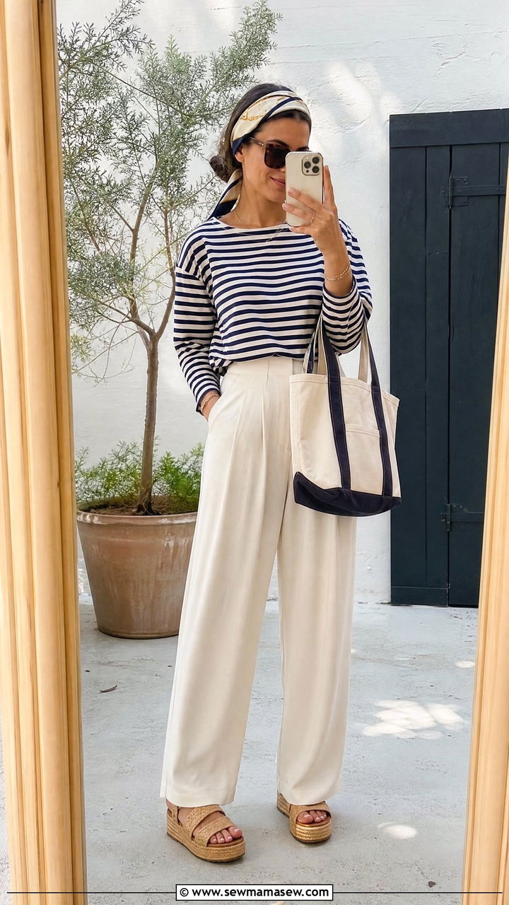 Silk Scarf Headband with Striped Top and Wide Leg Trousers - 25 French girl outfit ideas with a silk scarf