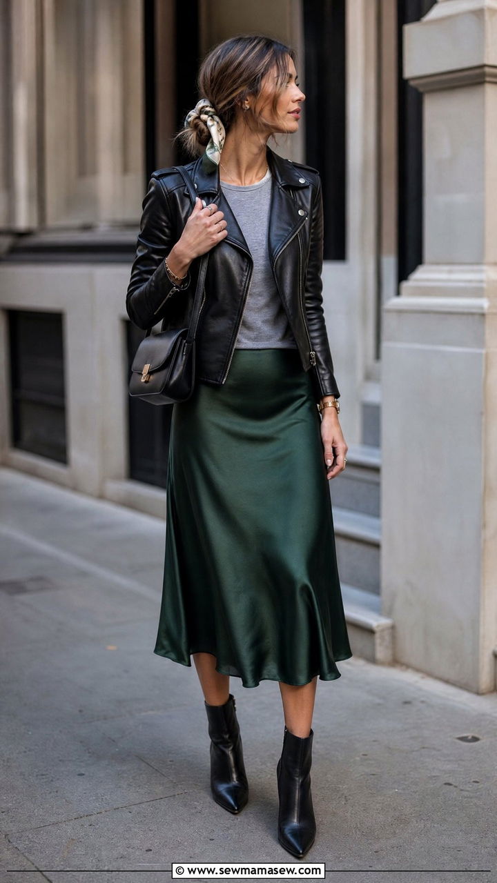 Silk Scarf Knotted on a Low Bun with Leather Jacket and Midi Skirt - 25 French girl outfit ideas with a silk scarf